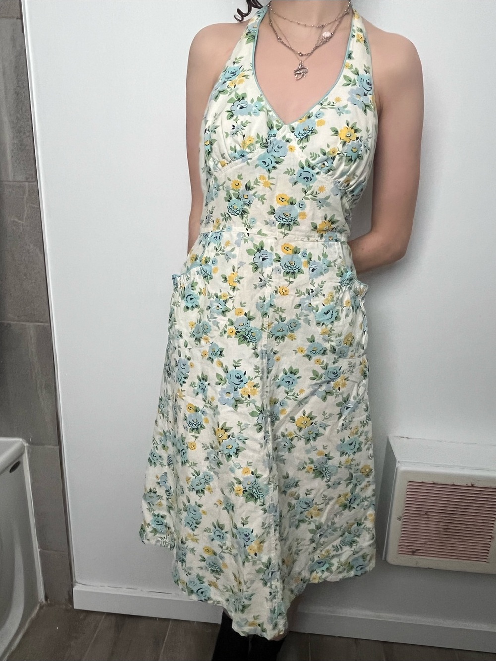 Homemade Halter Floral Midi Dress in White, Blue & Yellow